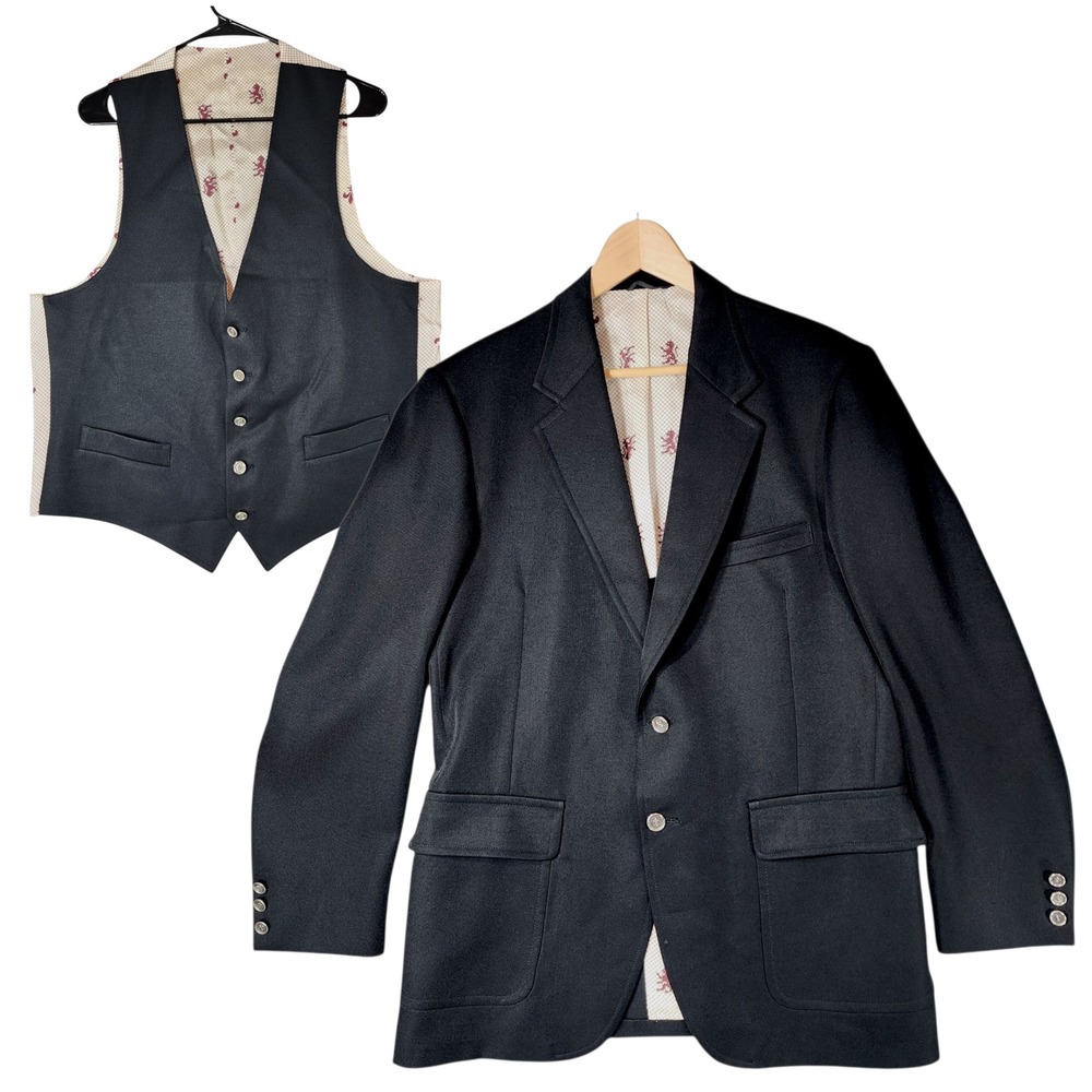 Vtg JC Penney Sport Coat & Vest 40R Men Black Silver Top Line Fleur De Lis Lions